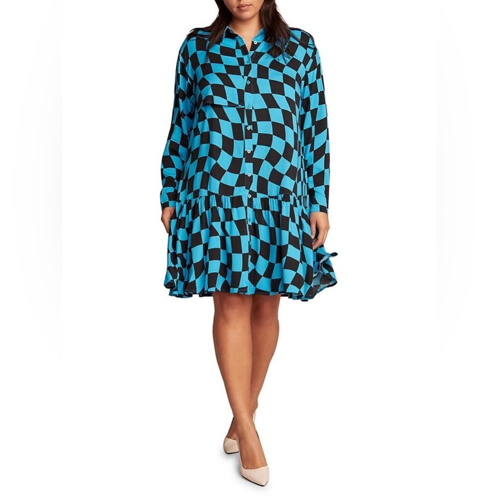 11 Honore Long Sleeve Shirt Dress Blue and Black‎ Checkered Size 18 Relaxed FIt